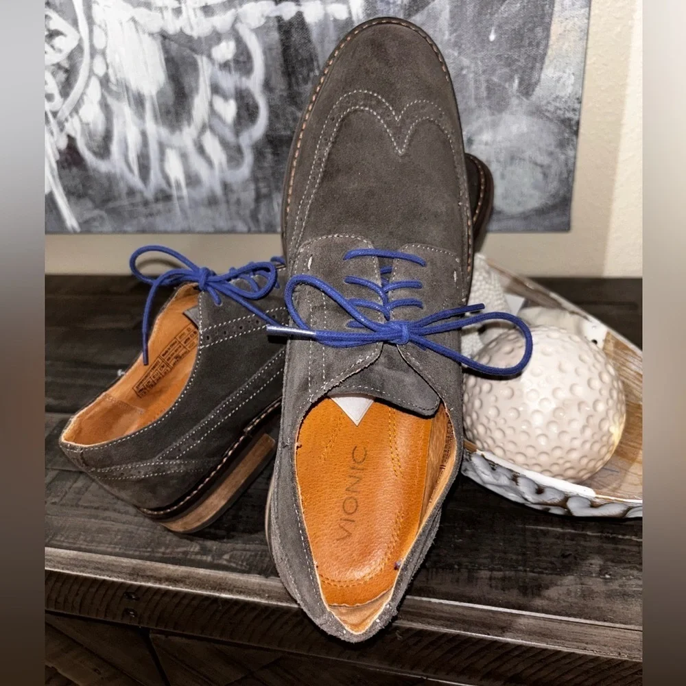 Vionic Bruno wingtip oxford shoe in gray suede with blue laces SS 13​​​